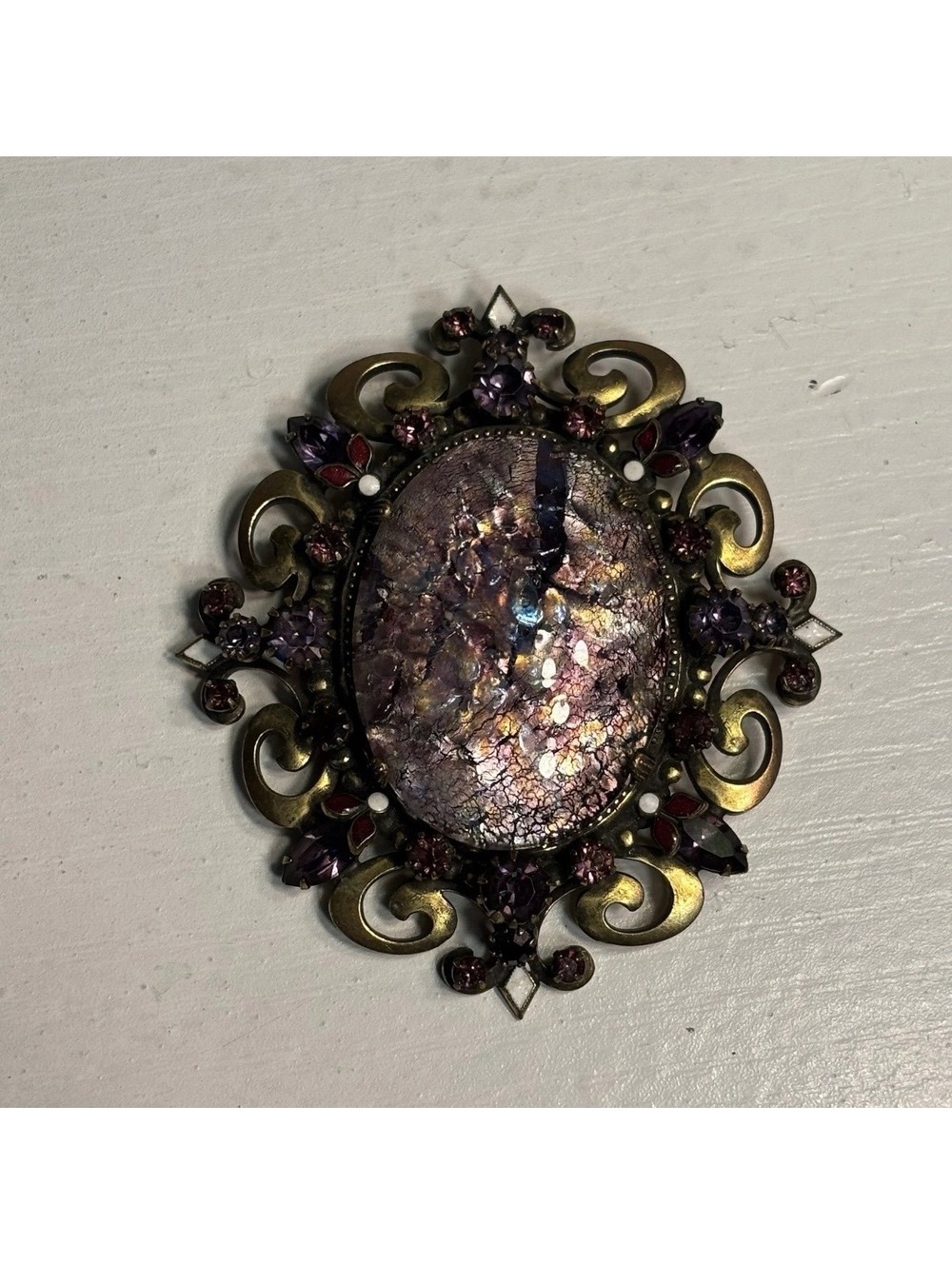 Vintage Large Hobe Purple & Opal Glass Statement Brooch